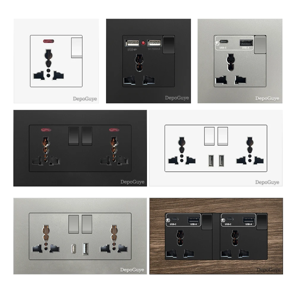 Universal 18W Type-C Plug Quick Charging Dual 3-pin Power Socket 220V,Wall electrical Socket with DC 5V 3.1A Type-c USB Charger