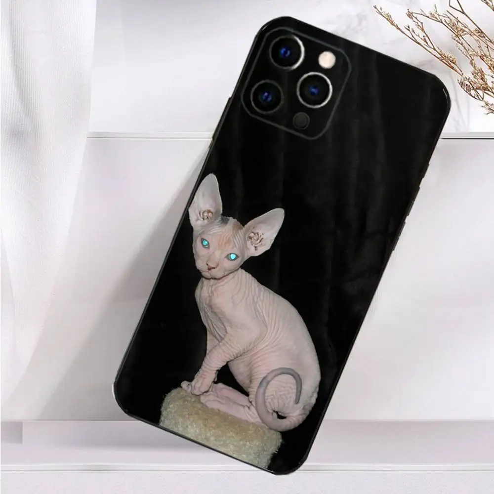 สัตว์เลี้ยงแมวSphynx Sphinxเคสโทรศัพท์สําหรับiPhone 16,15,14,13,12,11 Plus,Pro Max,XS,X,XR,SE,Mini,8,7 ซิลิโคนนุ่มปกสีดํา
