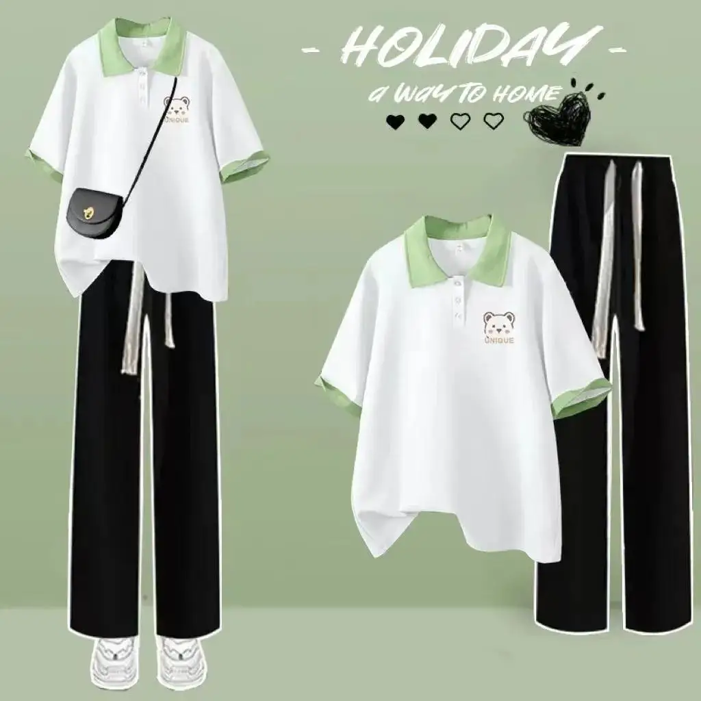 Summer 2023 College-style Suit Female Korean-style Loose Polo Collar Short-sleeved Top Casual Sports Pants Two-piece Suit