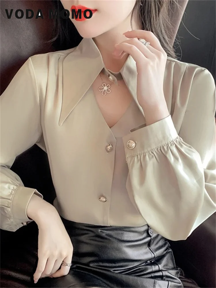 Commuting Wind New Simple Korean Vintage Satin Silk Shirt Women Fashion Blouse Elegant Female Blouse Long Sleeve Shirts Tops