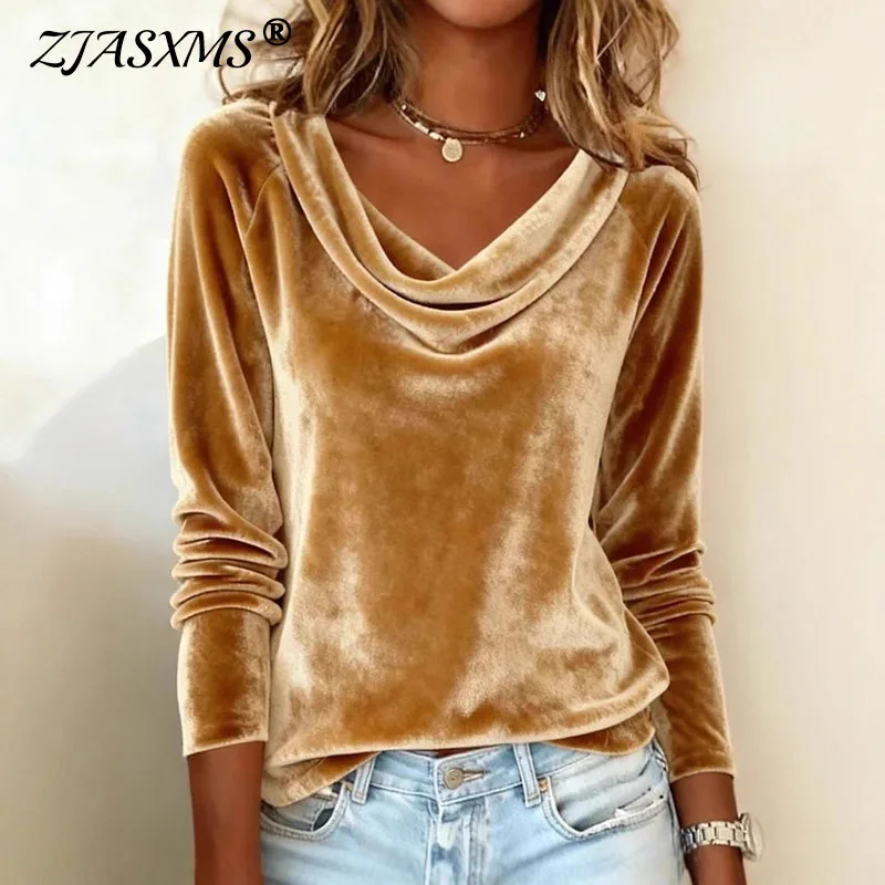 2026 Woman Fashion Swinging Collar Velvet T-shirts Spring Sexy Solid Female Tops Pullover Autumn Long Sleeve Tee Shirts Harajuku
