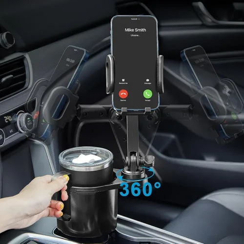 Imagen 2 del producto Soporte para teléfono con portavasos 2 en 1 ​ ​   – 360 °   Expansor de brazo largo giratorio para coche, soporte universal para teléfono inteligente para coche