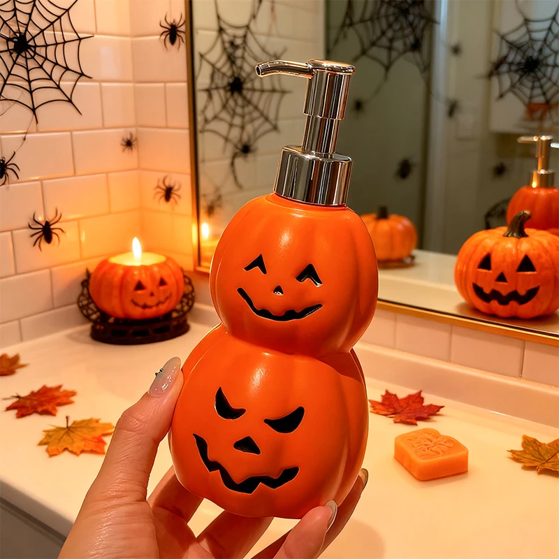 Halloween Double Layer Pumpkin Lotion Dispenser Funny Face Hand Soap Pump Bottle for Bathroom Sink Holiday Desktop Decor