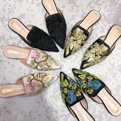 Moda 3d bordado mules chinelos de pele feminina sapatos de veludo senhoras salto baixo flor decoração sandálias femininas flip flops 41 tamanho