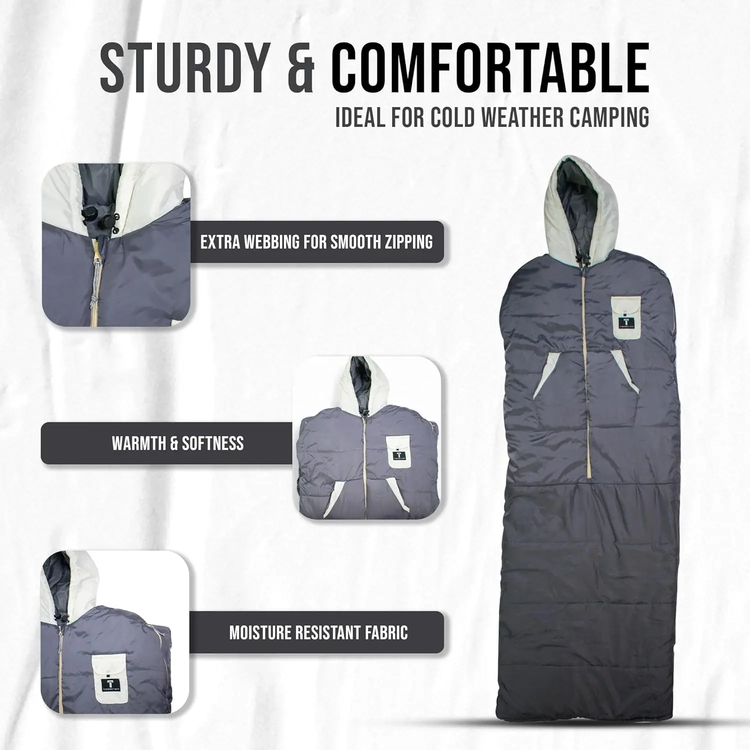 Wearable Sleeping Bag with Dual Hoodie, Zippered Arm Holes, Pockets & Adjustable Drawstring - Ideal for Camping, Cold Weather Hi