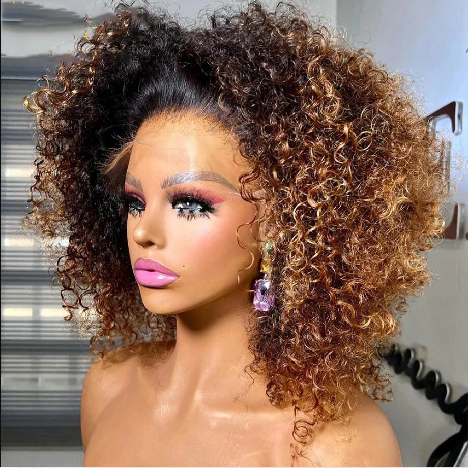 Ombre Blonde Brown Short Bob 180Density Kinky Curly Lace Front Wig For Black Women BabyHair Heat Resistant Preplucked Glueless