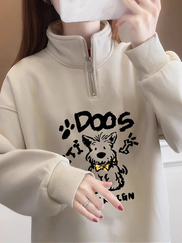 

Women's Zipper Hoodie Half High Collar Warmth Hiphop American College Style plus Size Student Outerwear Autumn Winter Top