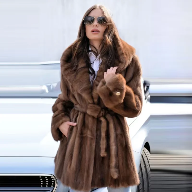 Women Winter Natural Real Mink Fur Coat With Real Fur Hood And Belt Jacket Real Fur Coat Women Winter Warm Real Fur jacket