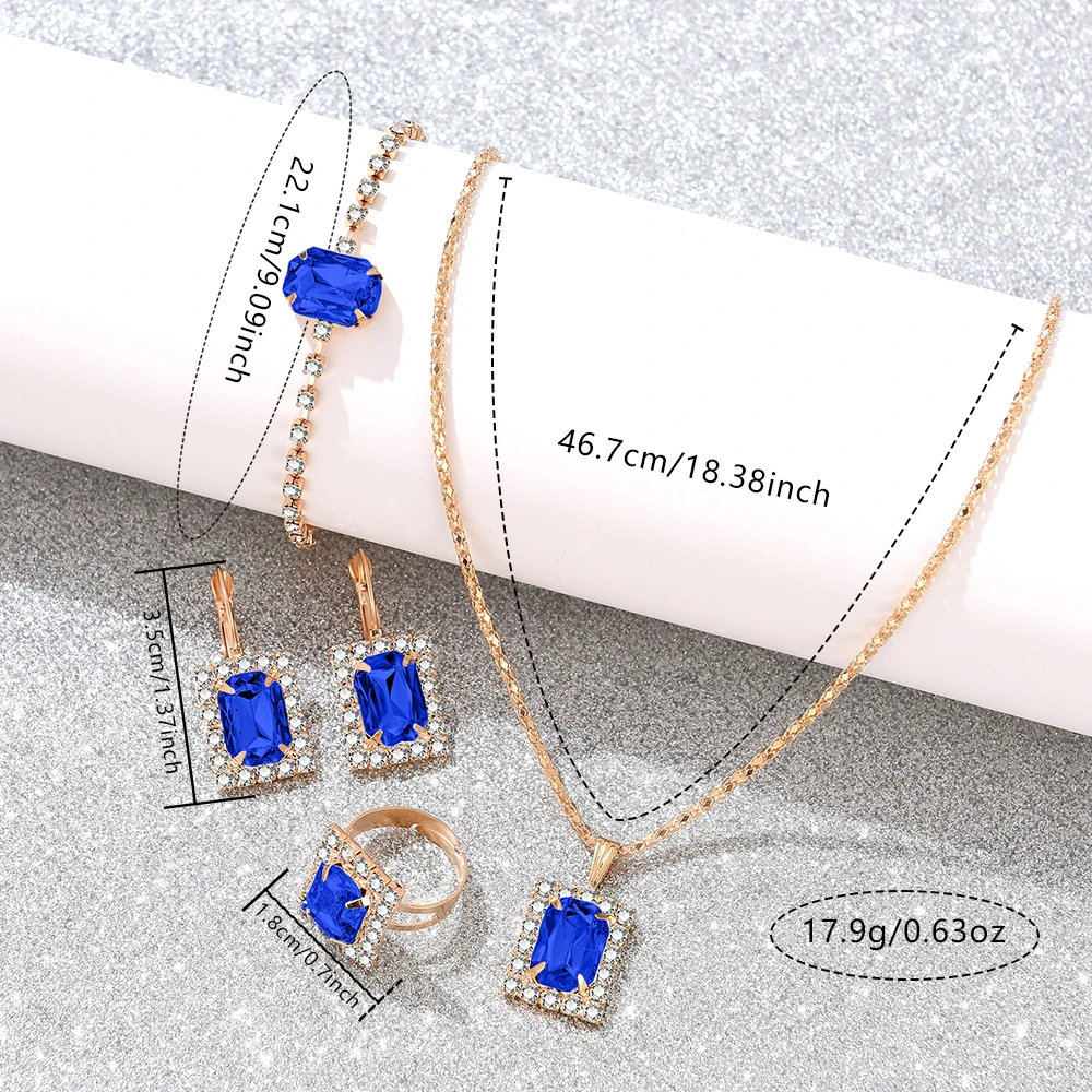 Blue 6PCS/Set Women Watch Rectangular Dial Quartz Wristwatch PU Leather Strap Watch Rectangular Blue Gemstone Set Gift For Mom