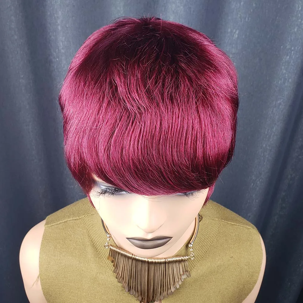 Wig Pixie Cut Pendek Burgundy Berlapis, Rambut Asli Berwarna Lurus dengan Poni untuk Wanita, Wig Buatan Mesin Penuh