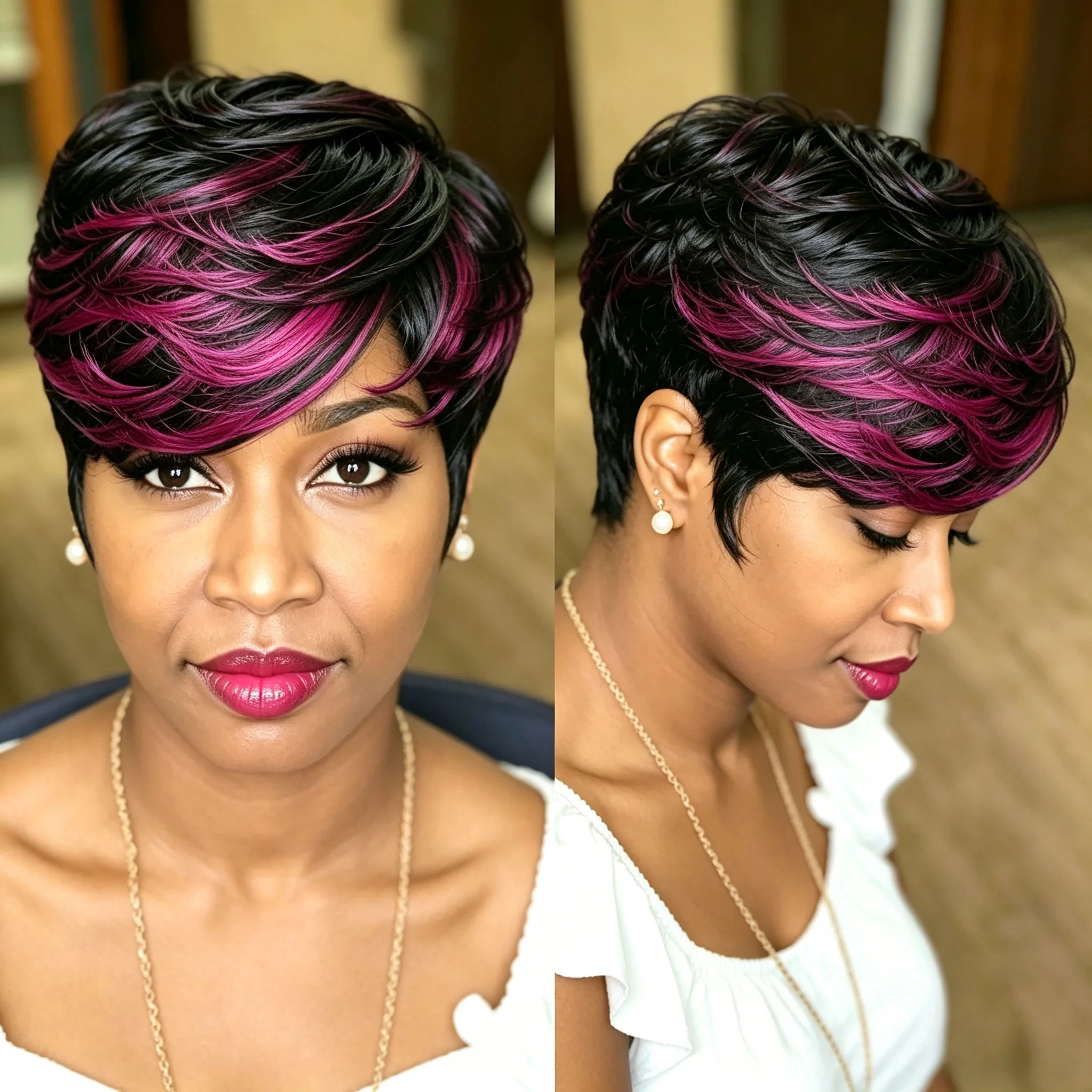 Brazilian Human Hair WigsShort Layered Pixie Cut Wig With Bangs Machine Made Straight Hair Mixed Color 1B/purple For Women