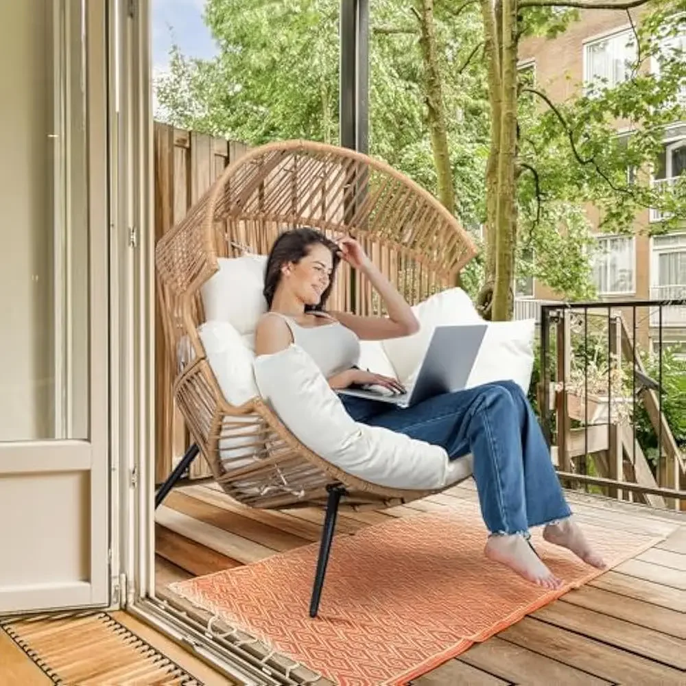 Chaise à œufs suspendue d'une capacité de 350 LBS, avec support et appui-tête avec coussin, chaise à œufs à double chaînes en rotin et osier, pour Patio, porche, chambre à coucher