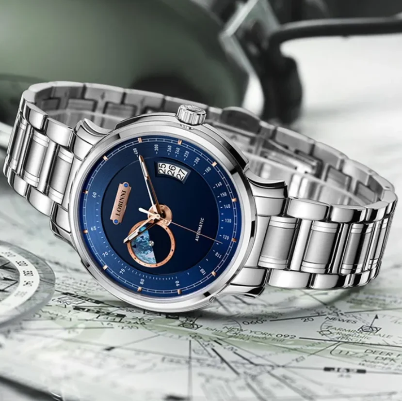 

Мужские автоматические часы LOBINNI, 42 мм, механические наручные часы, водонепроницаемые до 50 м, с тахиметром, сапфировым стеклом, датой, Relogios Masculino Earth 24 Hours