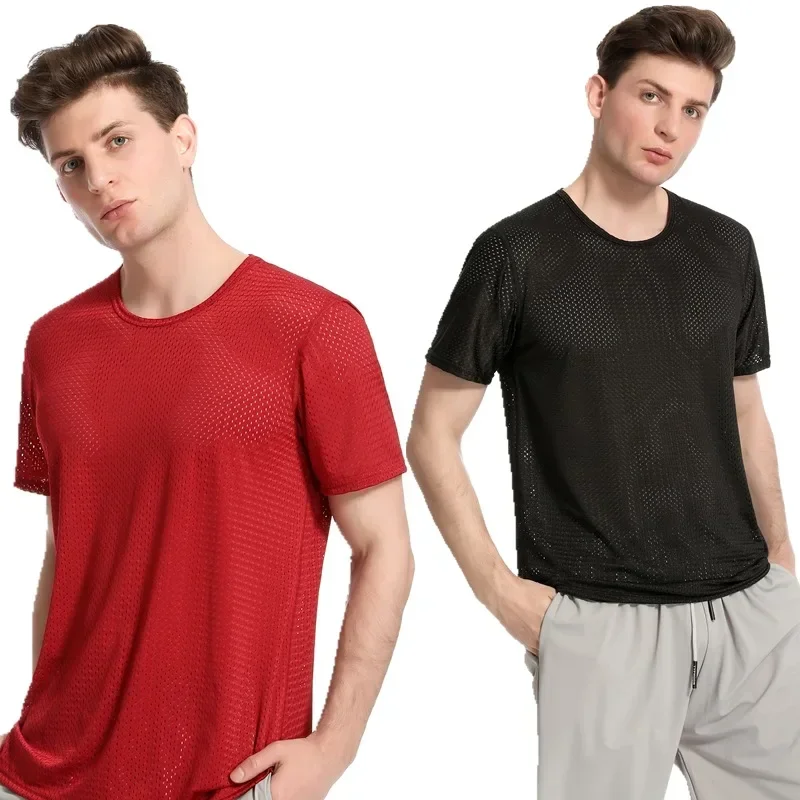 

Men's Solid Mesh Breathable Fishnet T-shirt Stretchable Quick Drying Tshirt Ice Silk Sport Long Short Sleeve 4XL O Neck 5 Colors