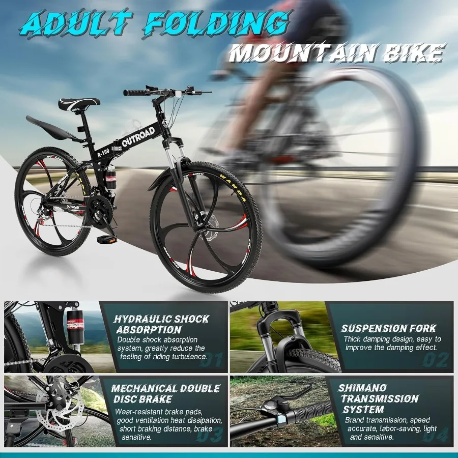 26 دراجة جبلية قابلة للطي للبالغين والمراهقين 21 سرعة تعليق كامل مع إطار فولاذي عالي الكربون فرامل قرصية مزدوجة سريعة الإصدار