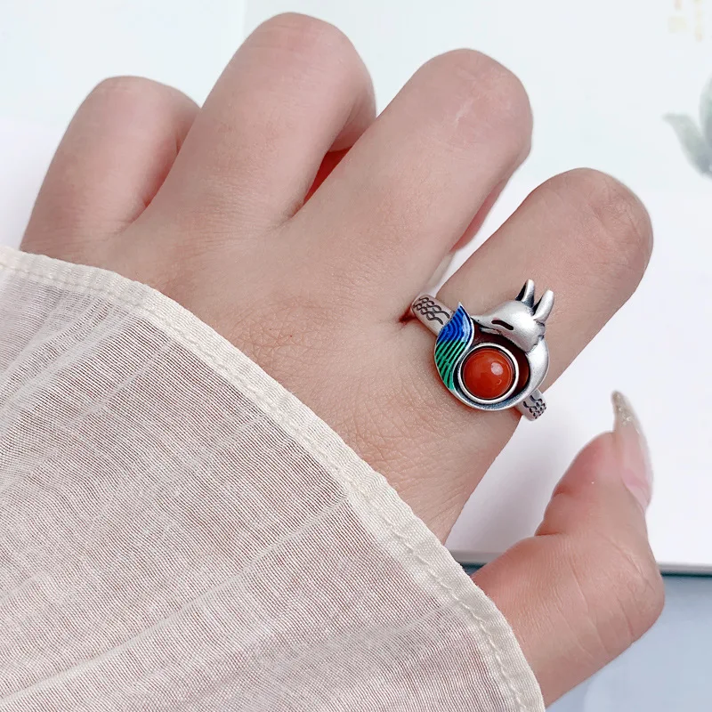 

Ethnic 925 Sterling Silver Southern Red Agate Fox Shape Ring Female Retro Simple Opening Adjustable Animal Rings Jewelry JZ113