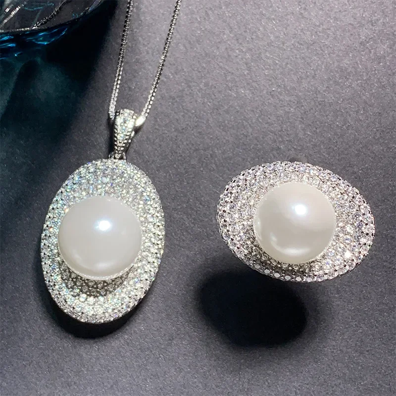 Jewelry S925 silver plated PT950 inlaid mother-of-pearl retro white bead jewelry set 14mm12mm