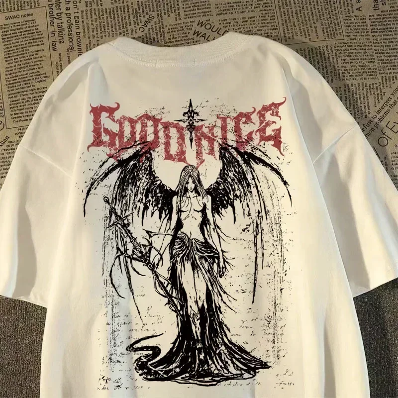 

2025 New Heavyweight Short Sleeve T Shirt American Retro Sword Angel Print Loose Unisex Tops for Men Women