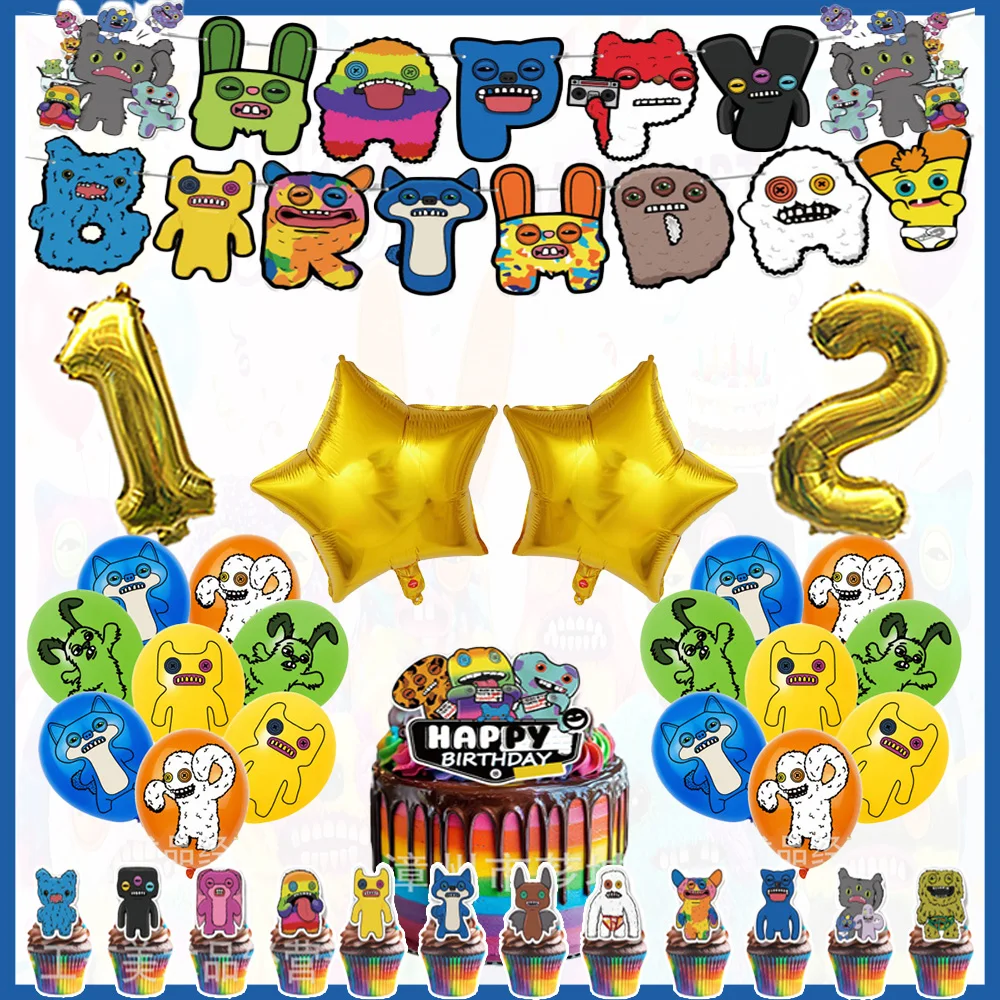 

Cartoon Fuggler Theme Birthday Party Supplies Decor Teeth Ugly Monsters Balloon Backdrop Cake Toppers Banner Kids Birthday Gifts