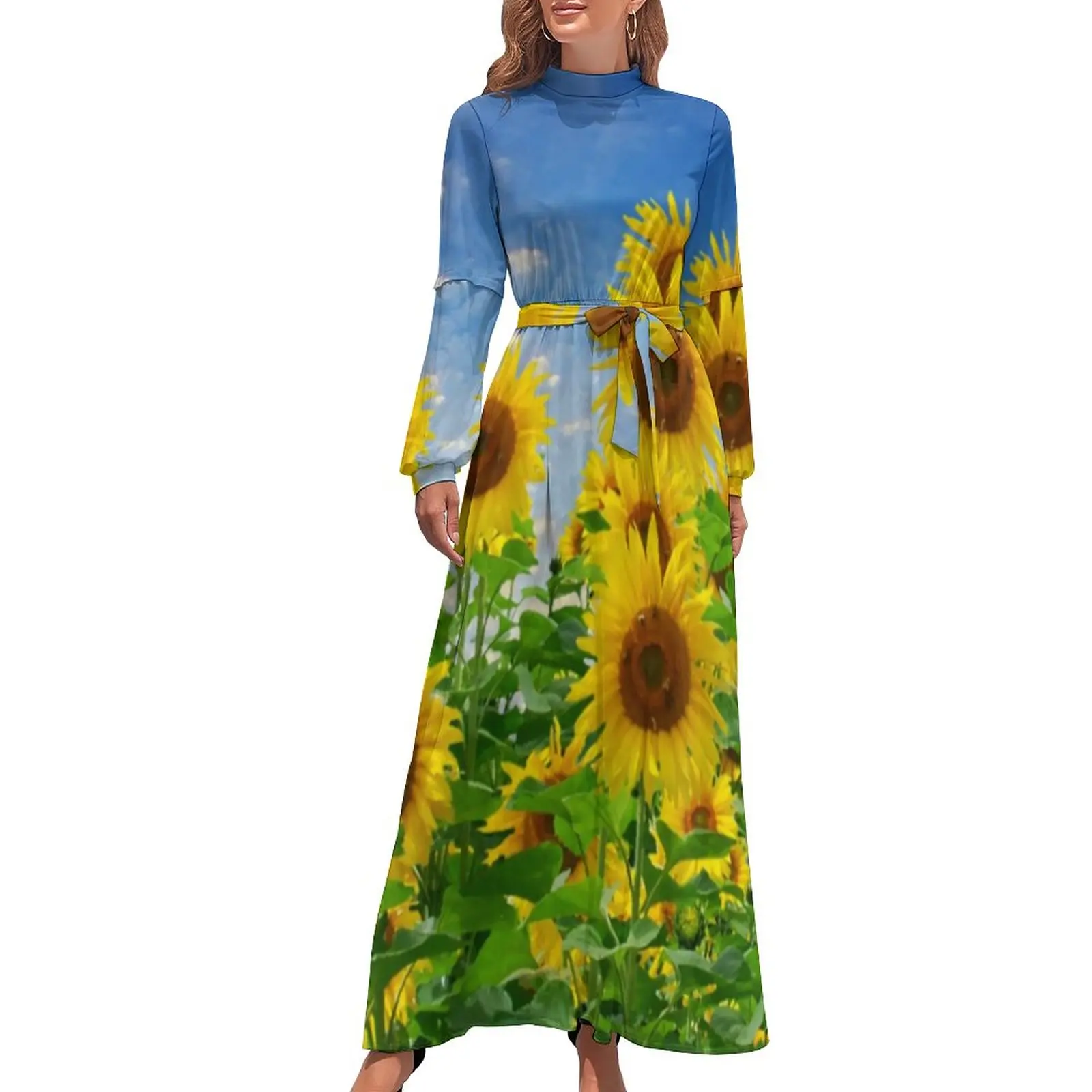 Sunflower Field Dress Sunflower Field Korean Fashion Beach Dresses Ladies Long Sleeve High Waist Modern Long Maxi Dress