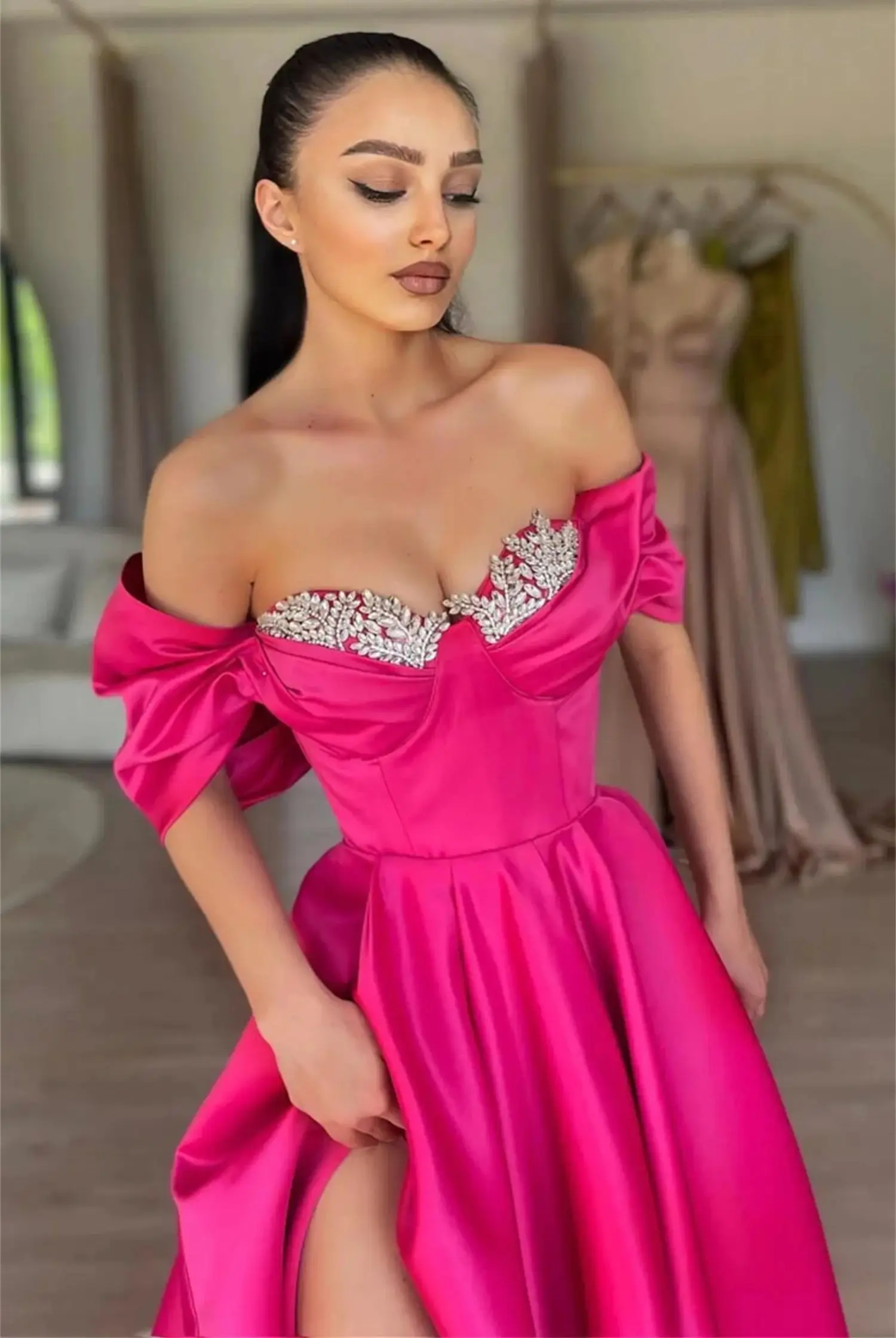 Elegant Satin Gala Evening Dresses for Women Luxury Shiny Decoration on Chest Ball Gown Off Shoulders Fuchsia Prom Dress