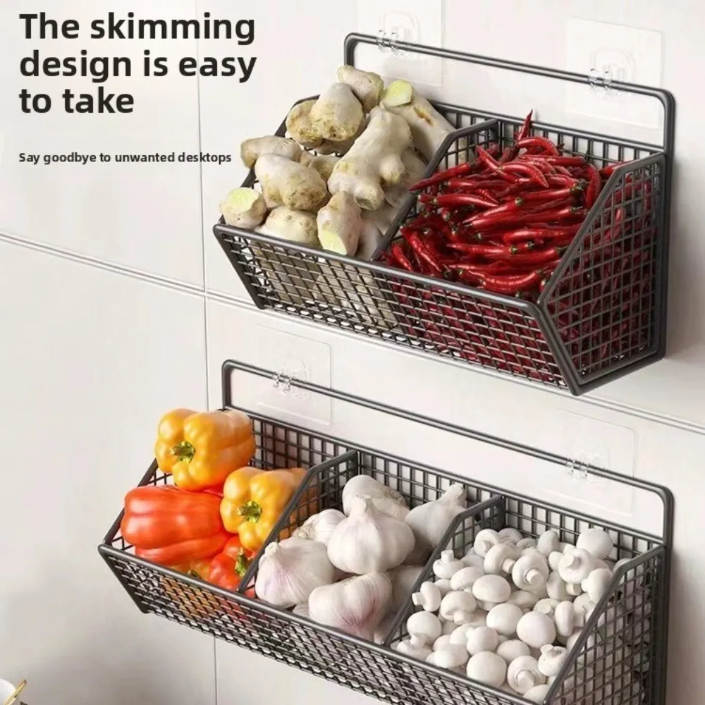 

Wall Mounted Kitchen Storage Basket for Onion Garlic Ginger Spices No Drill Installation Multi Functional Pantry Organizer Rack