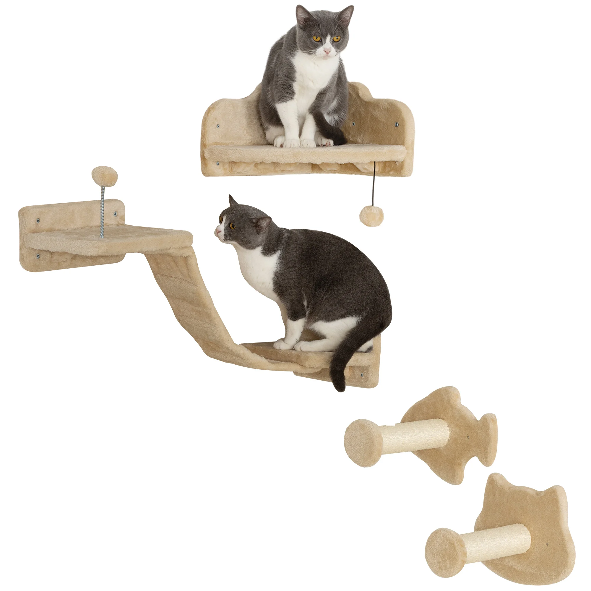 PawHut Beige wall 4 piece cat shelving set