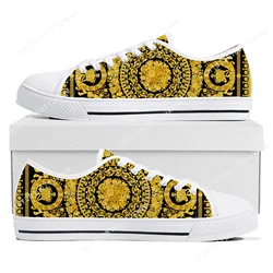 Luxo dourado floral imprime baixo topo tênis das mulheres dos homens adolescente de alta qualidade tênis lona casal sapatos casuais sapato personalizado