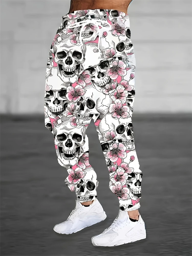 Pantaloni casual da uomo estivi dalla vestibilità rilassata Teschio floreale rosa Stampa 3D Pantaloni con risvolto alla moda Pantaloni casual da uomo con design con coulisse