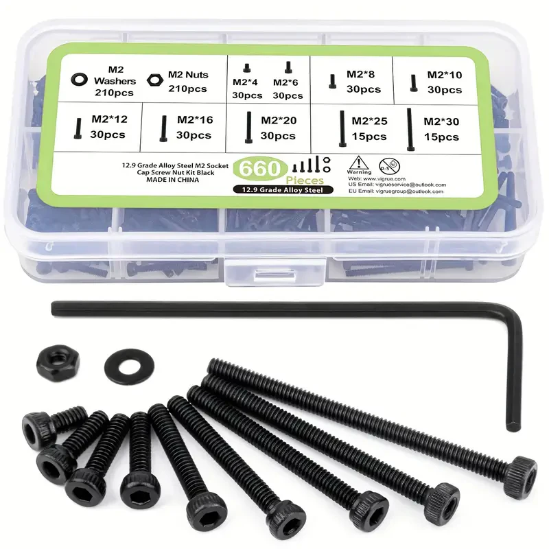 

660pcs M2 Hex Socket Screw and Nut Set, 12.9 Grade Alloy Steel, Full Thread Machine Screws with Hexagonal Head, Black Oxide Fini