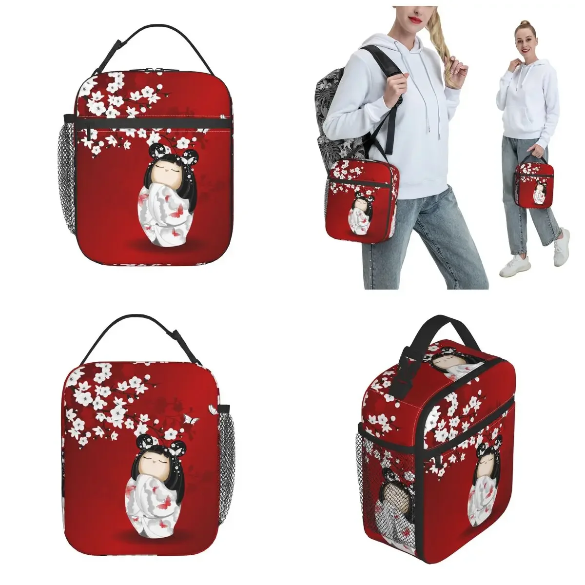 Kokeshi-fiambrera térmica para la escuela, bolsa de almuerzo con aislamiento de flores de cerezo, color rojo, negro y blanco, arte japonés