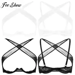 Womens See Through Sheer Mesh Open Bust Lingerie Bras Adjustable Spaghetti Shoulder Straps Crisscross Front Underwired Bra Top