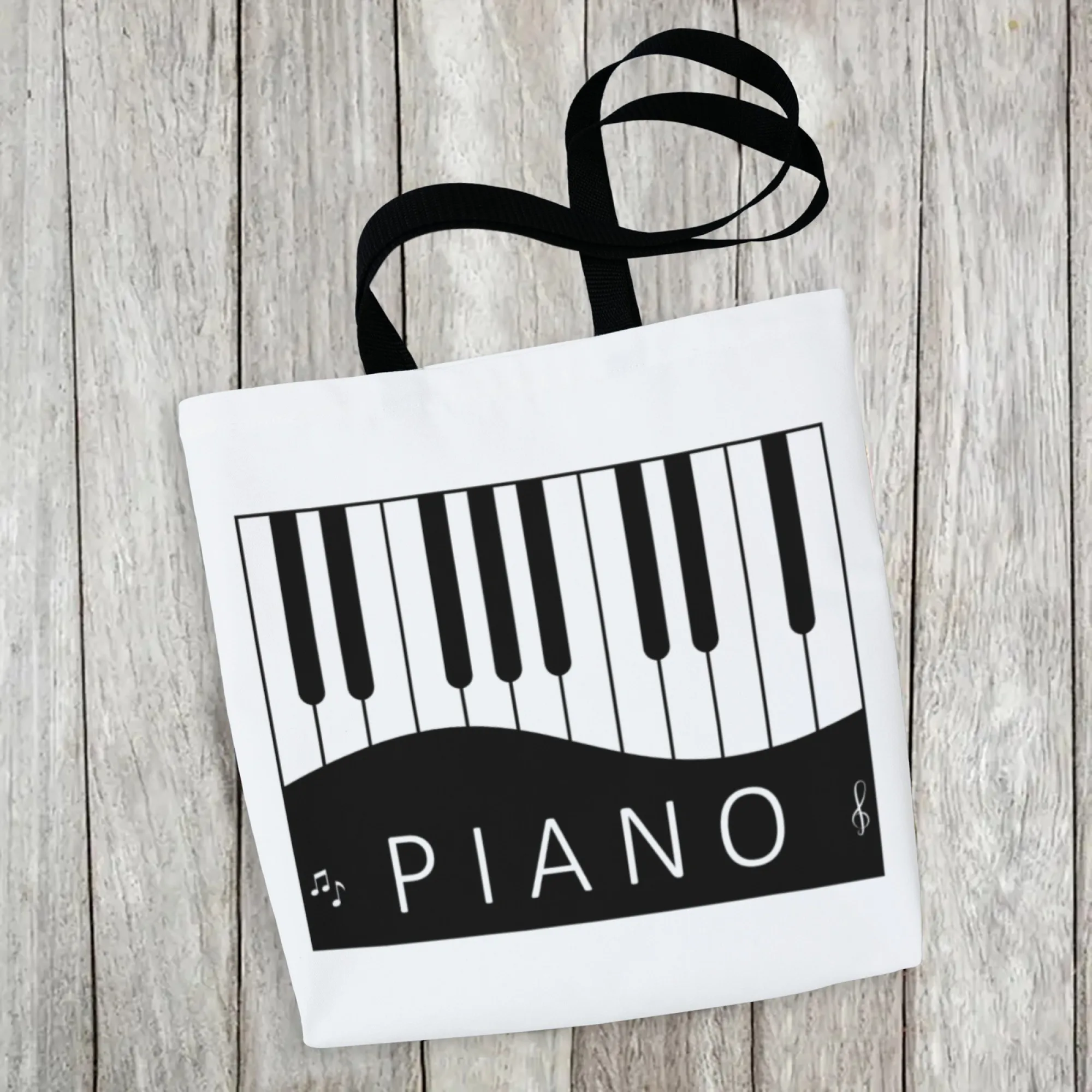 Black White Piano Keyboard Pattern Tote Bag Music Note Print Canvas Reusable Shoulder Bag Daily Shopping Bag for Music Fans
