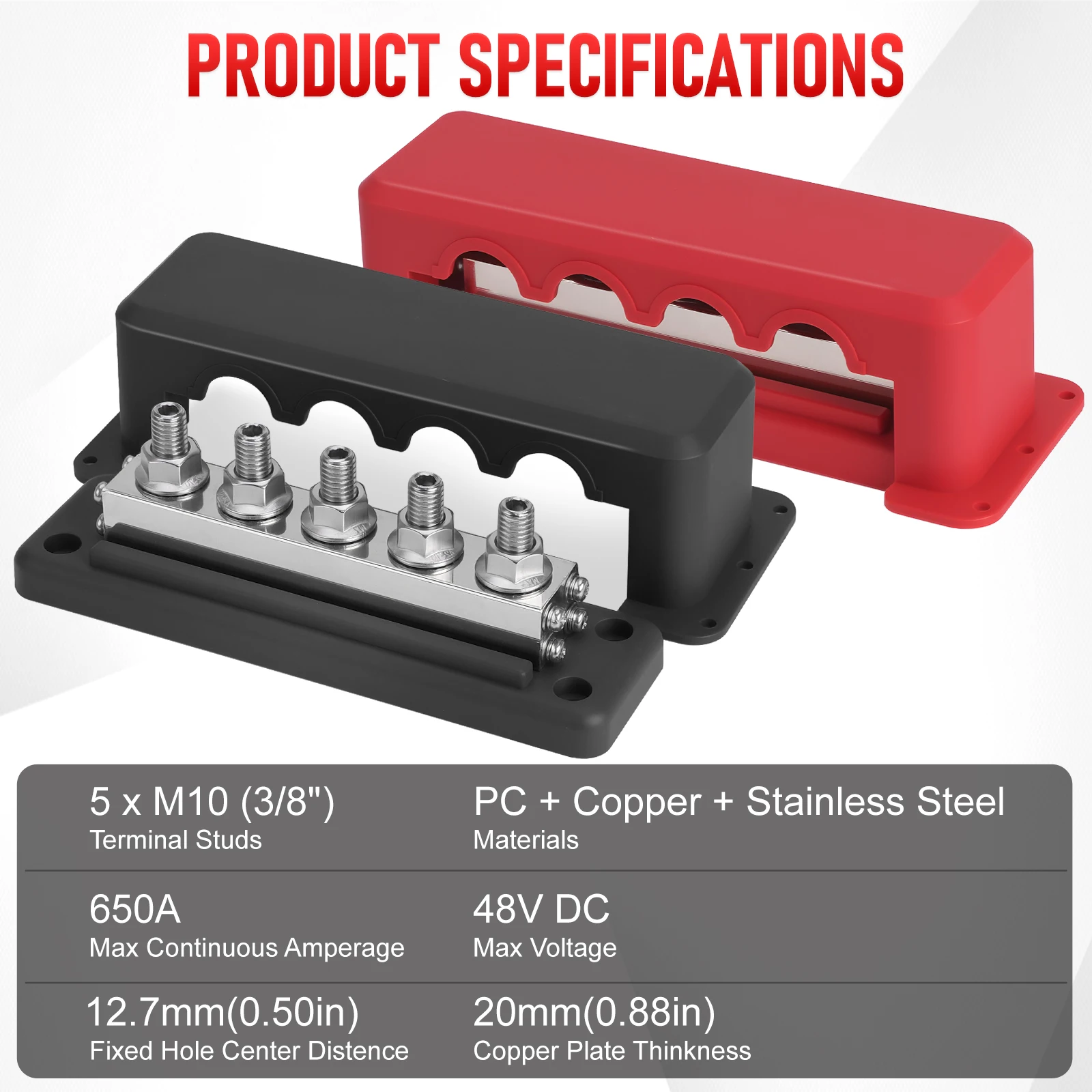 48V Bus Bar 5 Terminal Power Distribution Block DC 600A M10 Studs Positive Negative Terminal Block with Cover for Boat Car RV