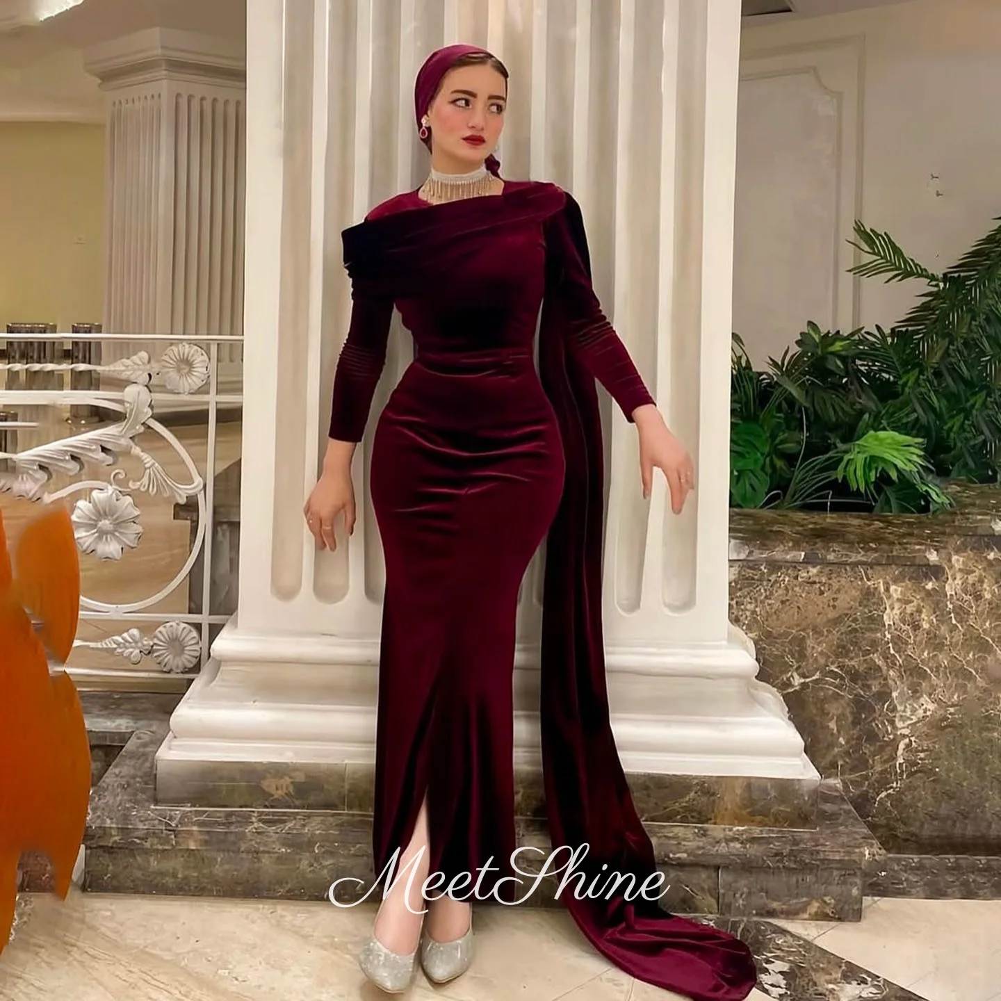 ブルゴーニュマーメイド長袖ベロアイブニングドレス高品質足首丈 O ネックウェディングパーティードレスウエディングドレスカスタマイズ