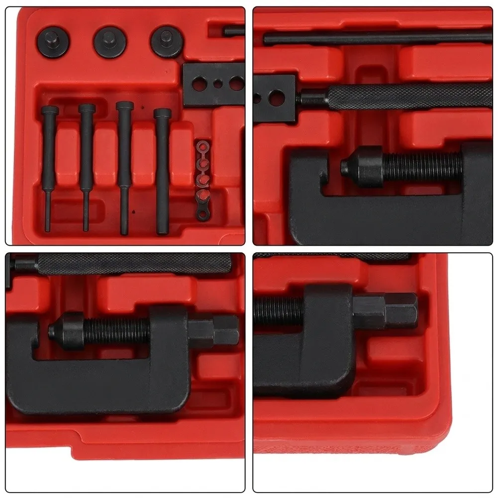 Chain Breaking and Riveting Tool Set Including Handle Push Bolt Alignment Bolt Breaking Tips Rivet Tip and Press Plates