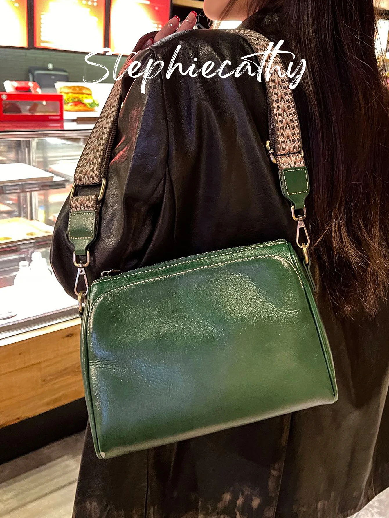 

SC Women Simple Retro Solid Color Genuine Leather Wide Webbing Square Bag Shoulder Adjustable Strap Cross body Purse for Daily