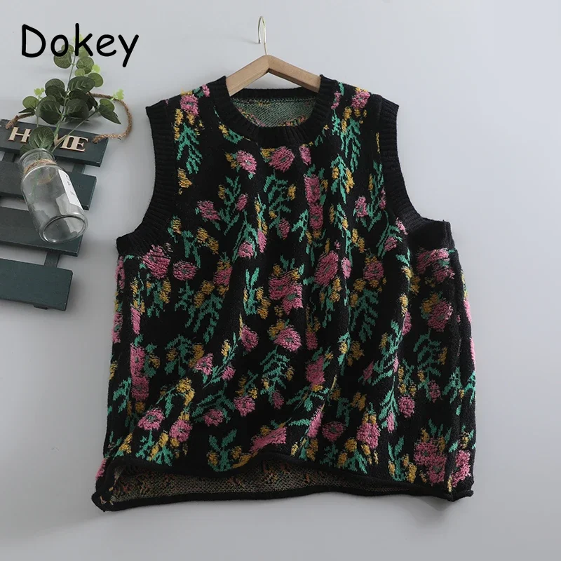 Women\'s Vintage Flower Knitted Sweater Vests, Japanese Mori Style, O-neck, Baggy Sleeveless Tops, Casual Retro Jumpers, Autumn