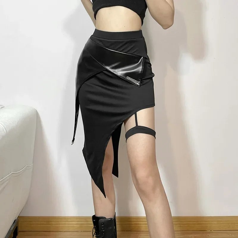 Punk Style Black Elastic Skirt Fashionable Chic Simple Casual Handsome Cool Sexy Slit Waist Women's Skirt Domineering Lady