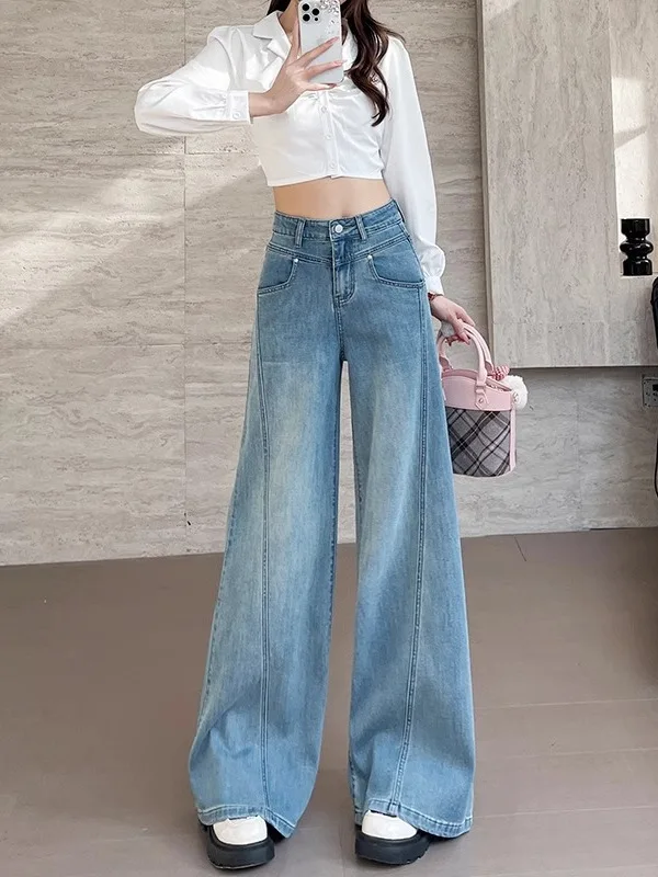 

Light Blue Wide Leg Denim Jeans Women plus Size Early Spring 2026 New Style Loose American Retro Straight Leg Pants