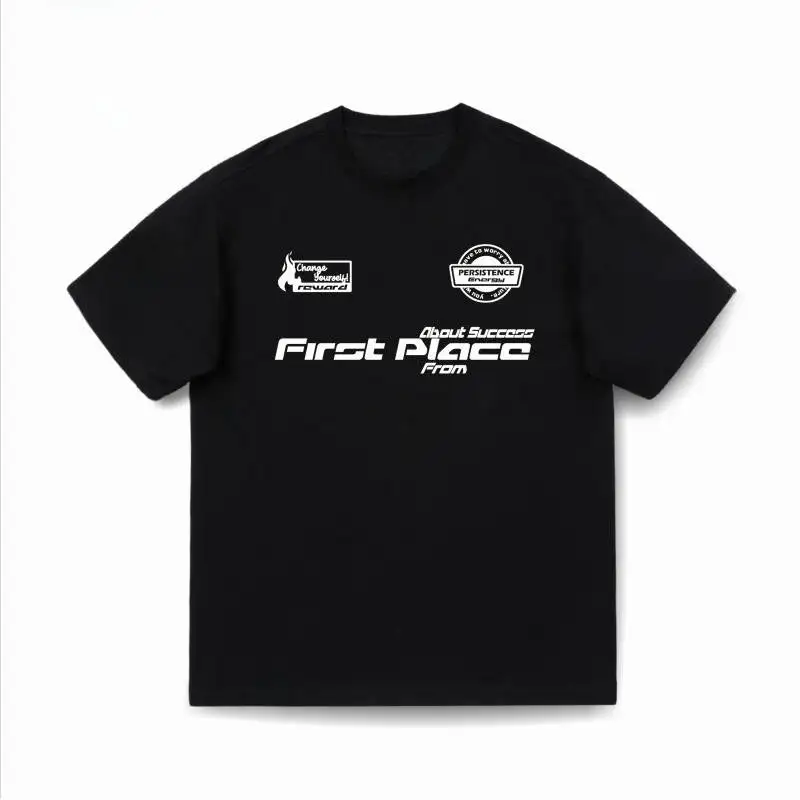 

New short-sleeved T-shirts for men and women, multi-icon letter motorcycle style couple outfits