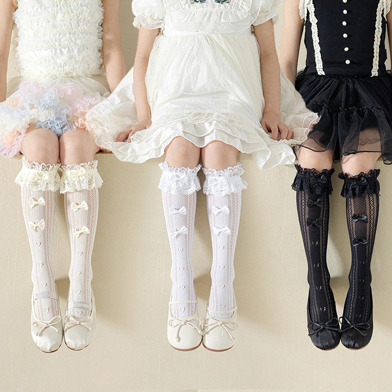 

1 Pair of Comfortable Girls' Heart Lace 3 Small Bows, Breathable Mesh Elastic Straight Socks, Sweet Outfits for Girls in Spring, Summer and Autumn