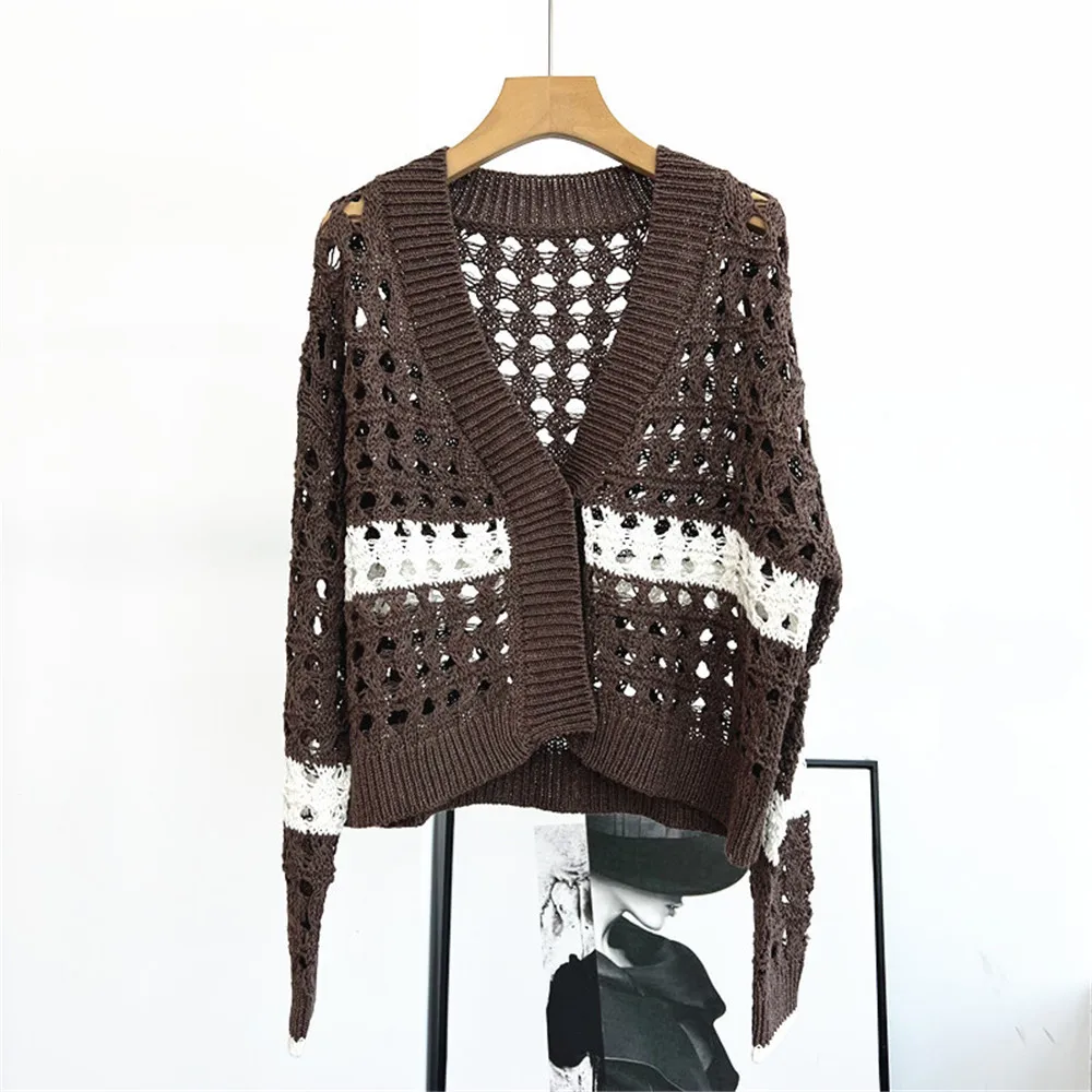 

25 Early Autumn New Women's Cardigan V-neck One-button Long-sleeved Hollow-out Loose Cotton Knitted Top