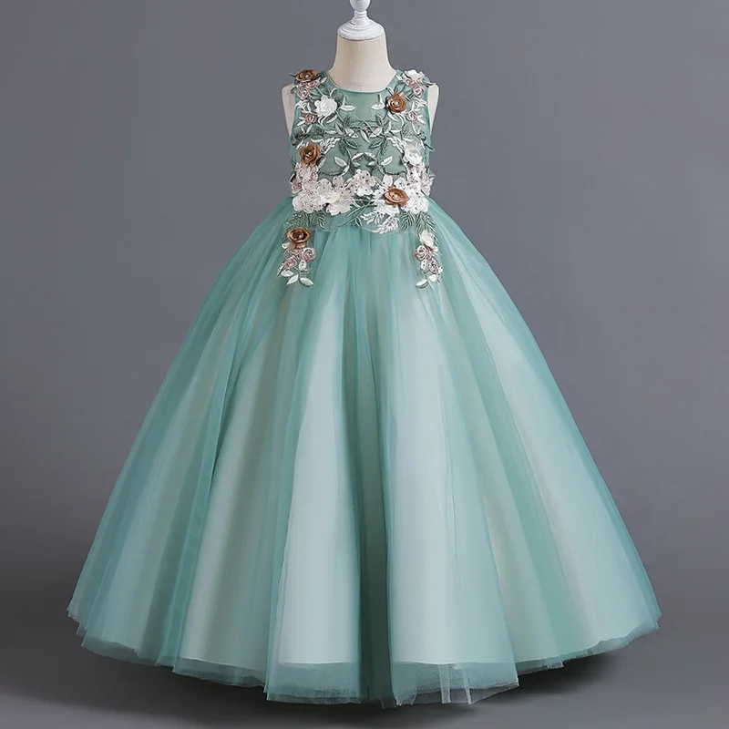 Children's Girls Dresses For Eid Luxury Party Princess Dress 4-12 Years Old Kids Girl Long Dress Robe Tulle Green Clothing Children's Girls Dresses For Eid Luxury Party Princess Dress 4-12 Years Old Kids Girl Long Dress Robe Tulle Green Clothing