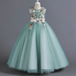 Children's Girls Dresses For Eid Luxury Party Princess Dress 4-12 Years Old Kids Girl Long Dress Robe Tulle Green Clothing