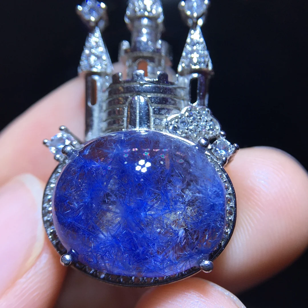 

Natural Blue Rutilated Dumortierite Quartz Pendant 16.3/13.3mm Clear Flower Necklace Gold Jewelry AAAAAAA