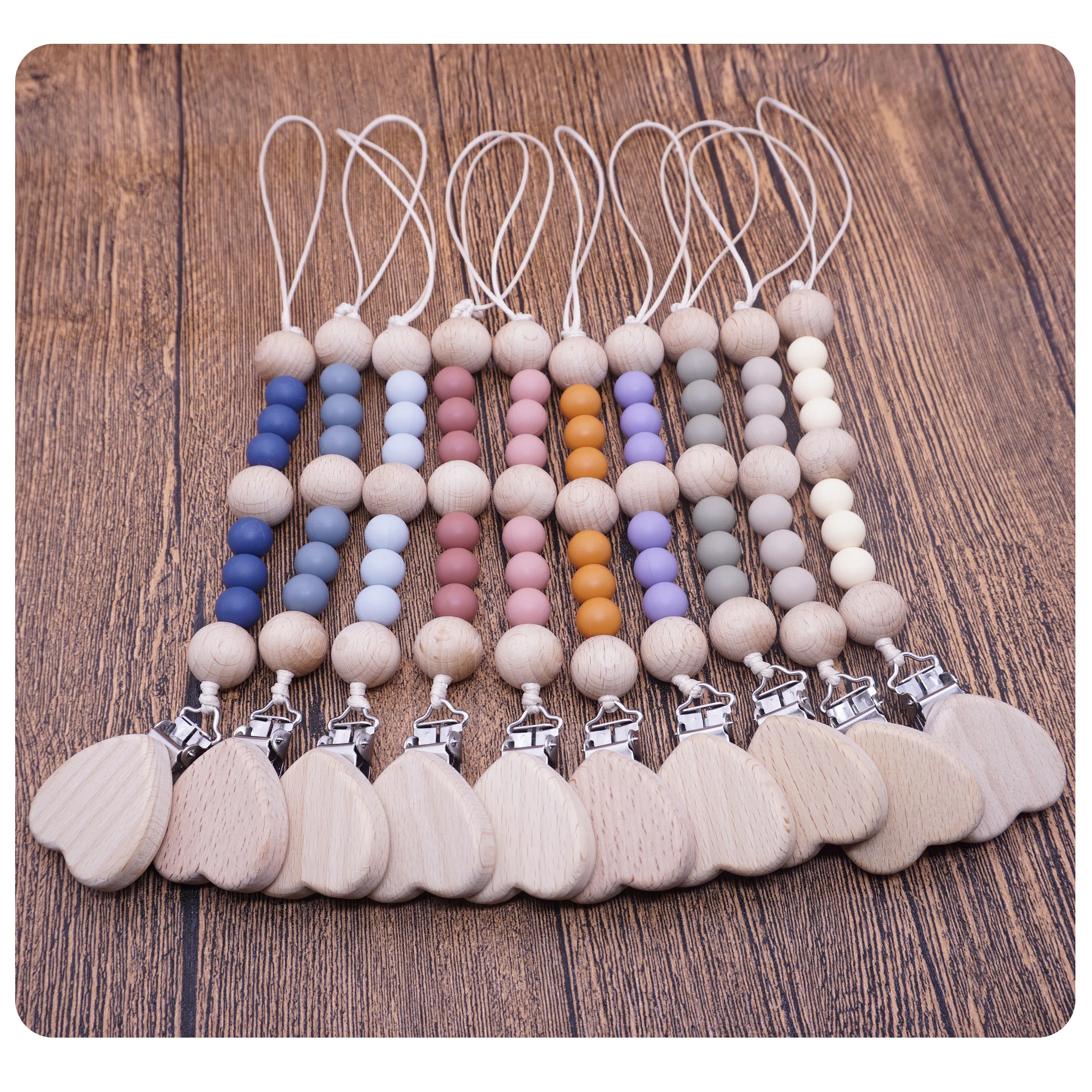 

Пищевой деревянный силиконовый зажим для соски в форме сердца, держатель-цепочка для пустышки для ребенка, милый ремешок для поводка для соски без BPA, предотвращает падение