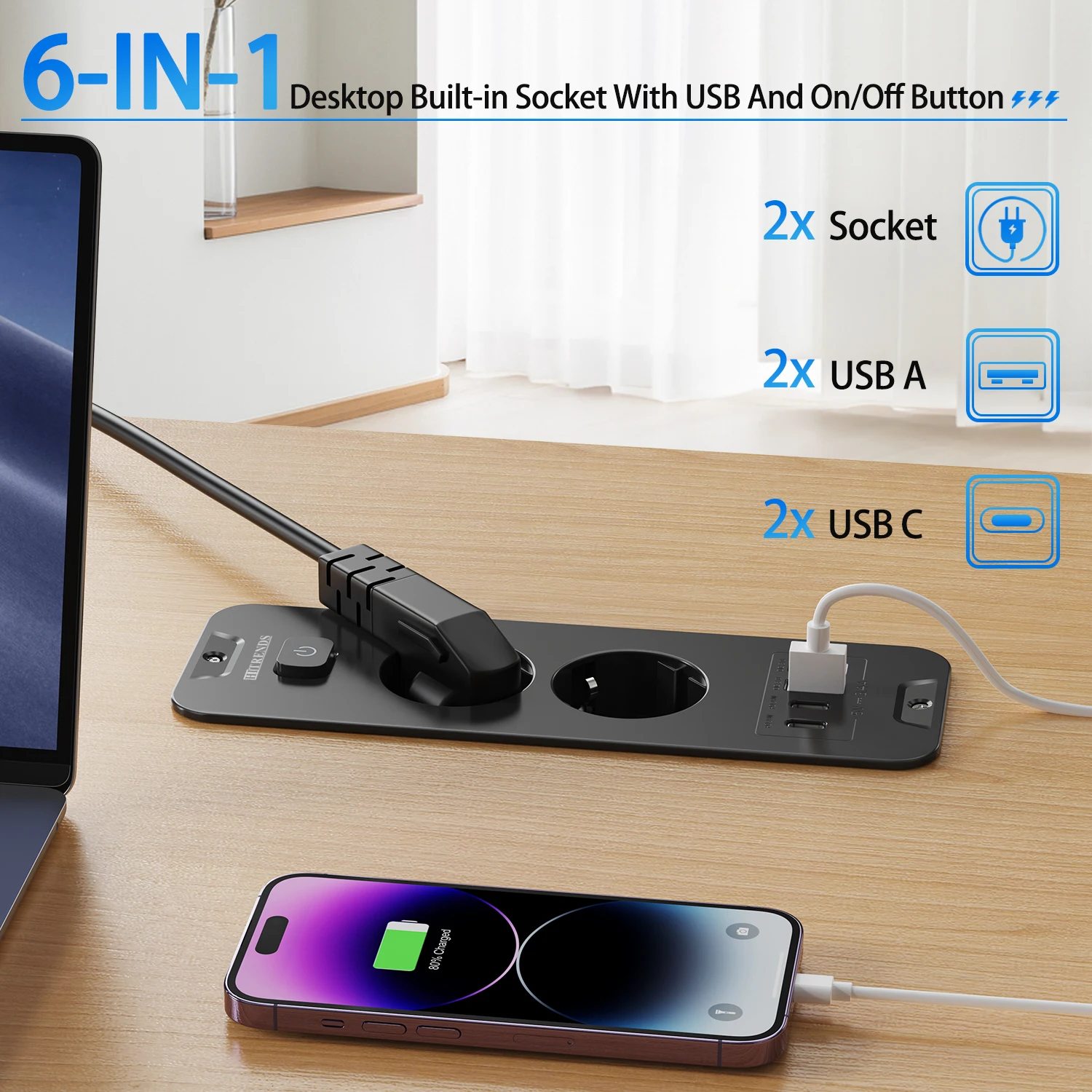 Desktop Built-in Socket with 2 USB A and 2 Type-C PD20W EU Double Plug Table Recessed Socket Power Strip 2M Extension Cord