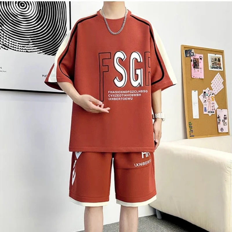 S-6XL Summer Men\'s Red Tracksuit Set Korean Casual Sports Suit Breathable T-shirts Shorts 2 Piece Set High Street Men\'s Clothing