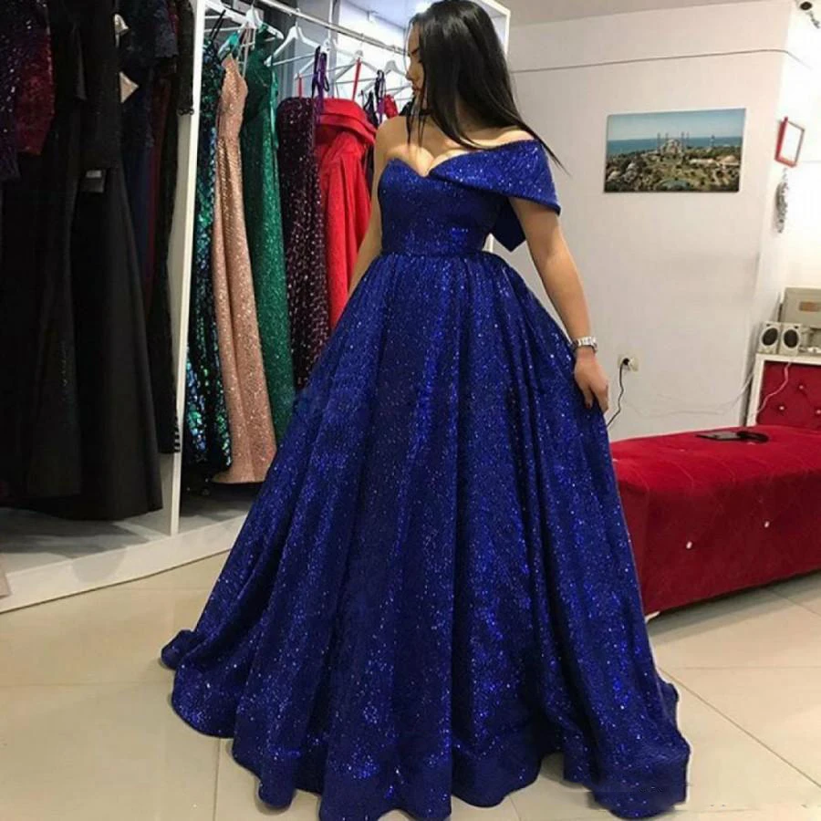 Glitter Royal Blue Sequin Prom Dresses One Shoulder A Line Evening Gowns Saudi Arabia Floor Length Formal Party Robe De Soirée